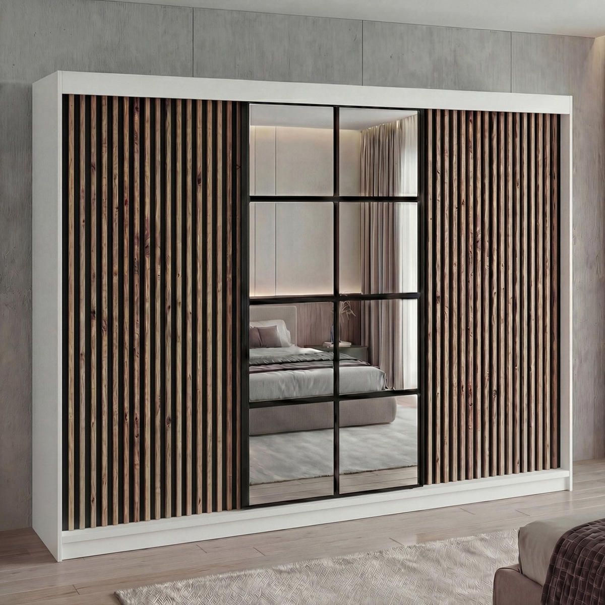 SCHWEBETÜRENSCHRANK NORIVO-Weiß, Schwarz-Lamelle, Schwarz-Spiegel, Schwarz-Lamelle 200 cm - Schwarz/Weiß, Holzwerkstoff (200/215/59.5cm) - A&J MöbelLand