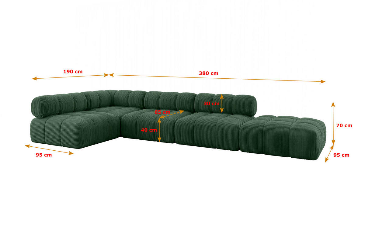 ECKSOFA modulares Sofa Favio-L2 - 380x190x70 cm Grün Cord - Grün, Holzwerkstoff/Textil (380/190cm) - ALTDECOR