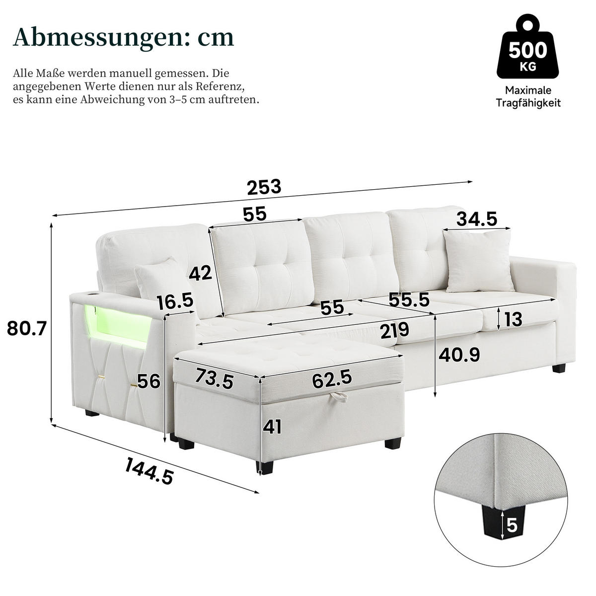 ECKSOFA 253/144.5/80.7 cm Beige mit Aufbewahrungshocker, LED Stimmungslicht und Stauraum - Beige, Textil (253/144.5cm) - Oxeza