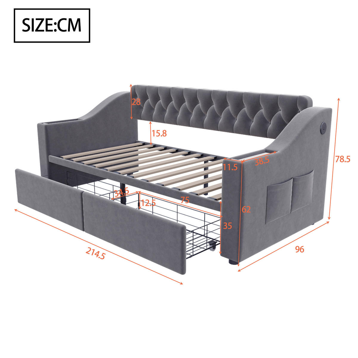 POLSTERBETT 90/190 cm Dunkelgrau aus Samt mit Stauraum und USB- und Type-C-Anschlüssen - Grau, Textil (90/190cm) - OKWISH