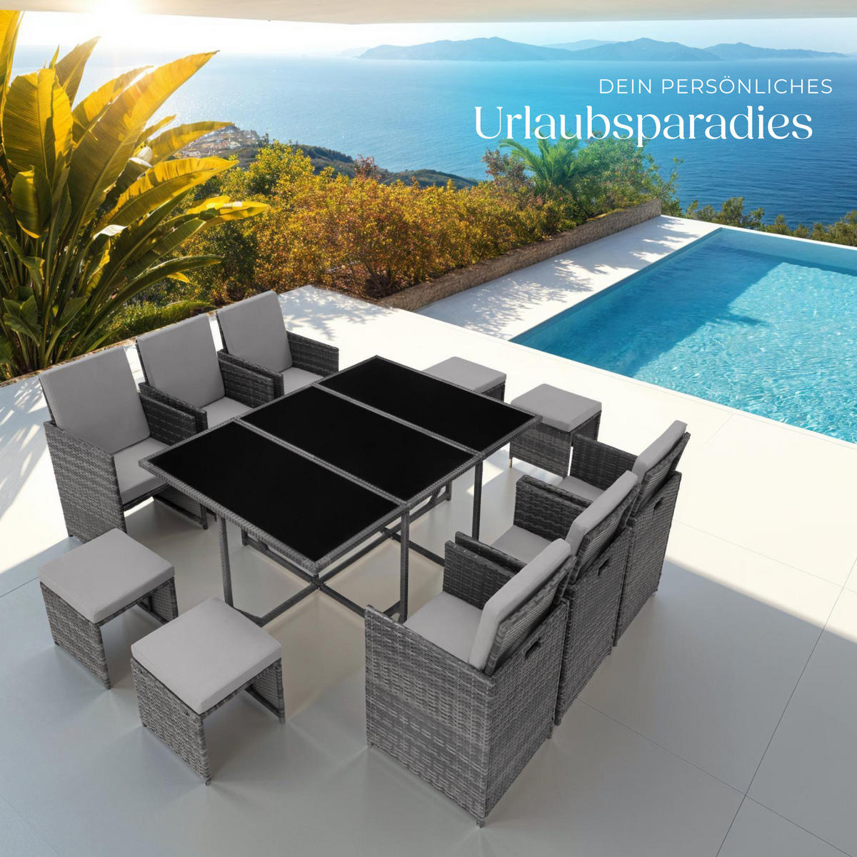 RATTAN SITZGRUPPE Malaga,zusammenschiebbar, inklusive Schutzhülle,grau - Grau, Kunststoff - tectake