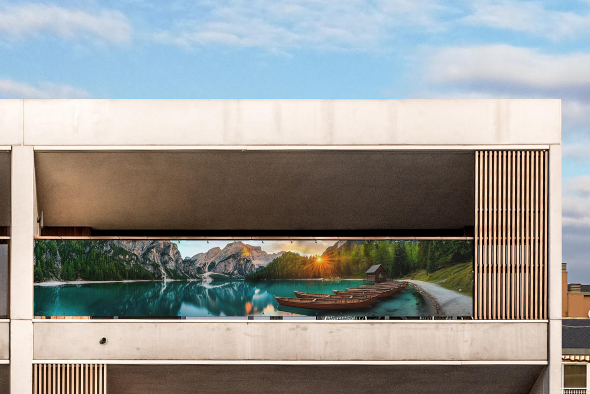 BALKON-SICHTSCHUTZ See - Berge - Sonnenuntergang - Boot - Petrol, Kunststoff (500/75cm) - MuchoWow