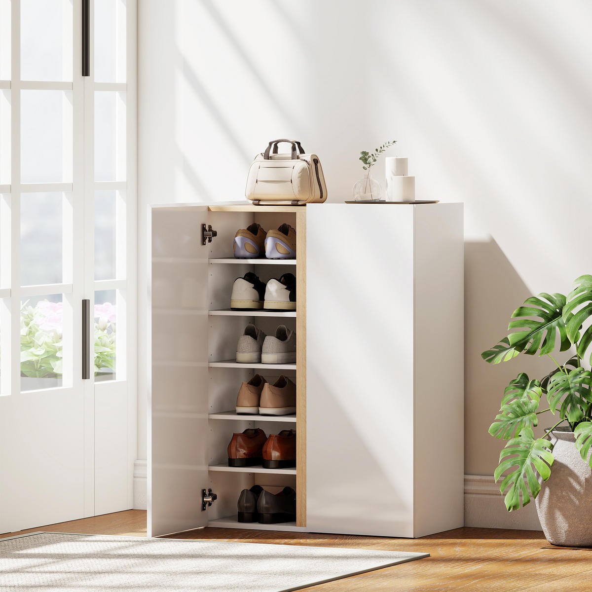 SCHUHSCHRANK mit 2 Hochglanz Türen Schuhregal mit 6 Verstellbaren Fächern, Weiß - Weiß Hochglanz/Weiß, Holzwerkstoff/Kunststoff (33.5/95/70cm) - HOMCOM