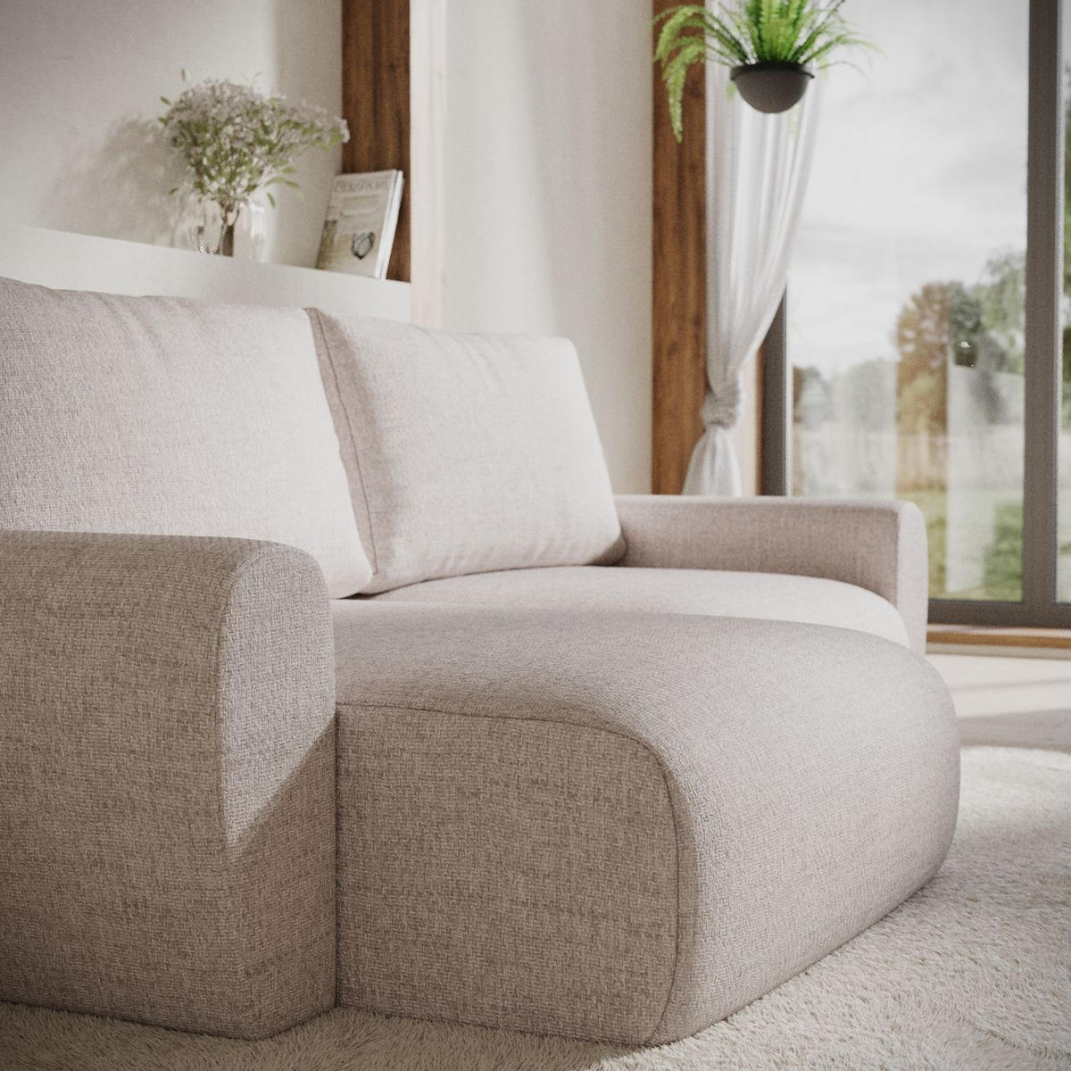 ECKSOFA OMARI mit Schlaffunktion Hellbeige im Neve Stoff - Sandfarben/Schwarz, Holz/Holzwerkstoff (253/153cm) - AltaBeds