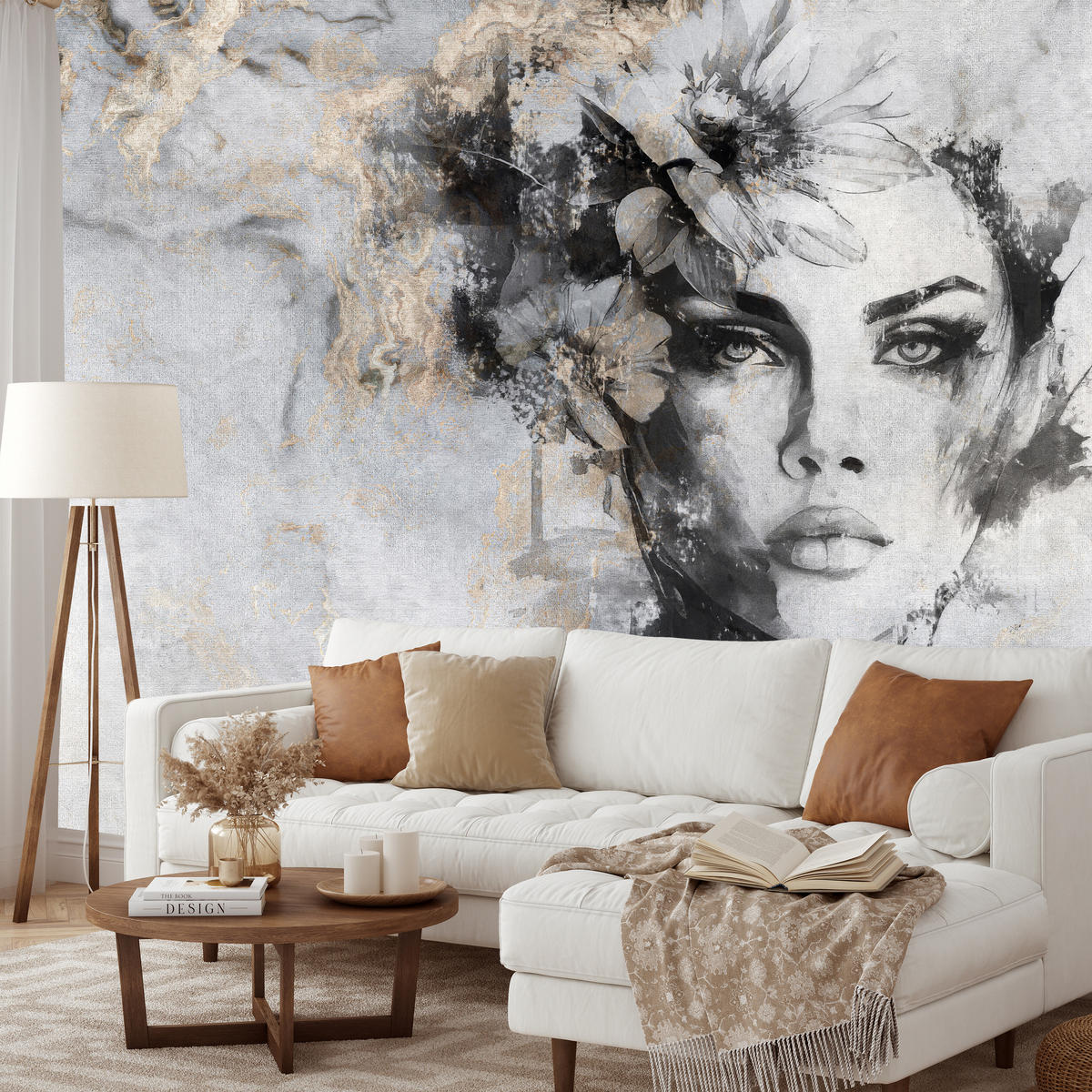 FOTOTAPETE für Wohnzimmer Frau Porträt Beton Blumen Modern 400x280 - Goldfarben/Schwarz, Papier (400/280cm) - Muralo