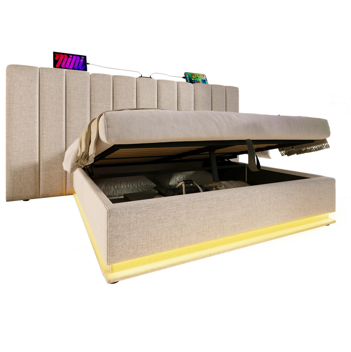 POLSTERBETT aus Leinen 160x200 cm Beige mit Bettkasten, LED-Beleuchtung und USB-C-Anschluss - Beige, Textil (160/200cm) - IVMEU
