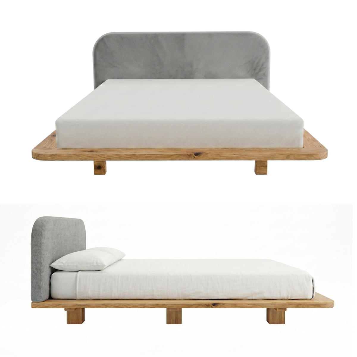 MASSIVHOLZBETT Eyko BORA, 140/200, Wildeiche - lackiert, Samt-Kopfteil Grau - Eichefarben/Grau, Holz/Textil (140/200cm)