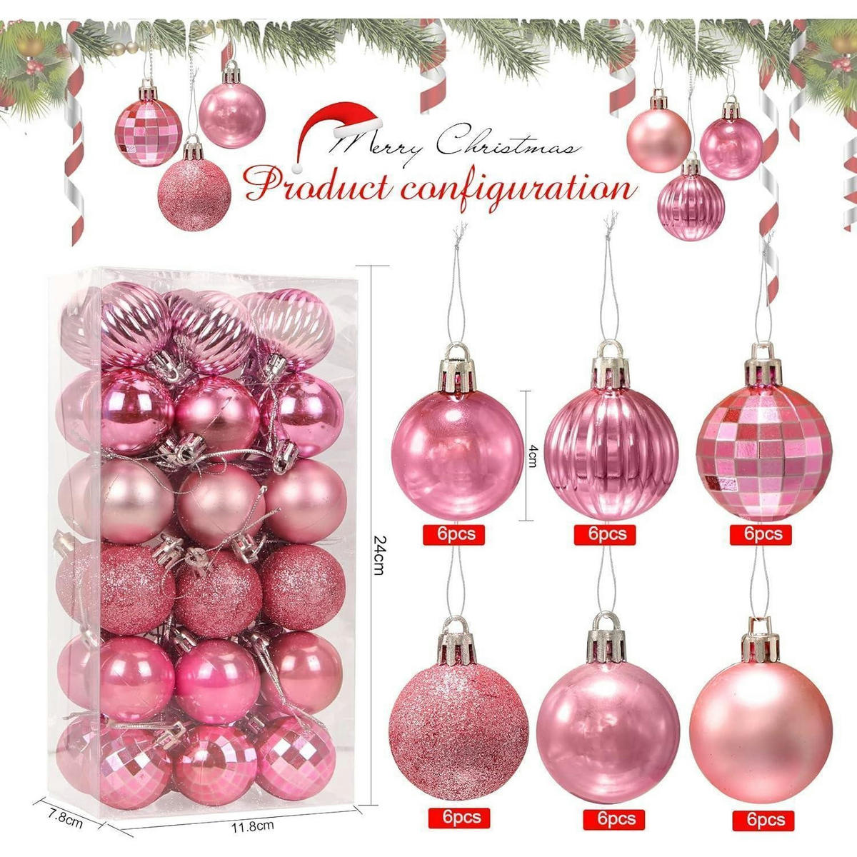 WEIHNACHTSKUGELN 36-teiliges Set Kunststoff 4 cm Rosa - Pink, Kunststoff (4/4/4cm)
