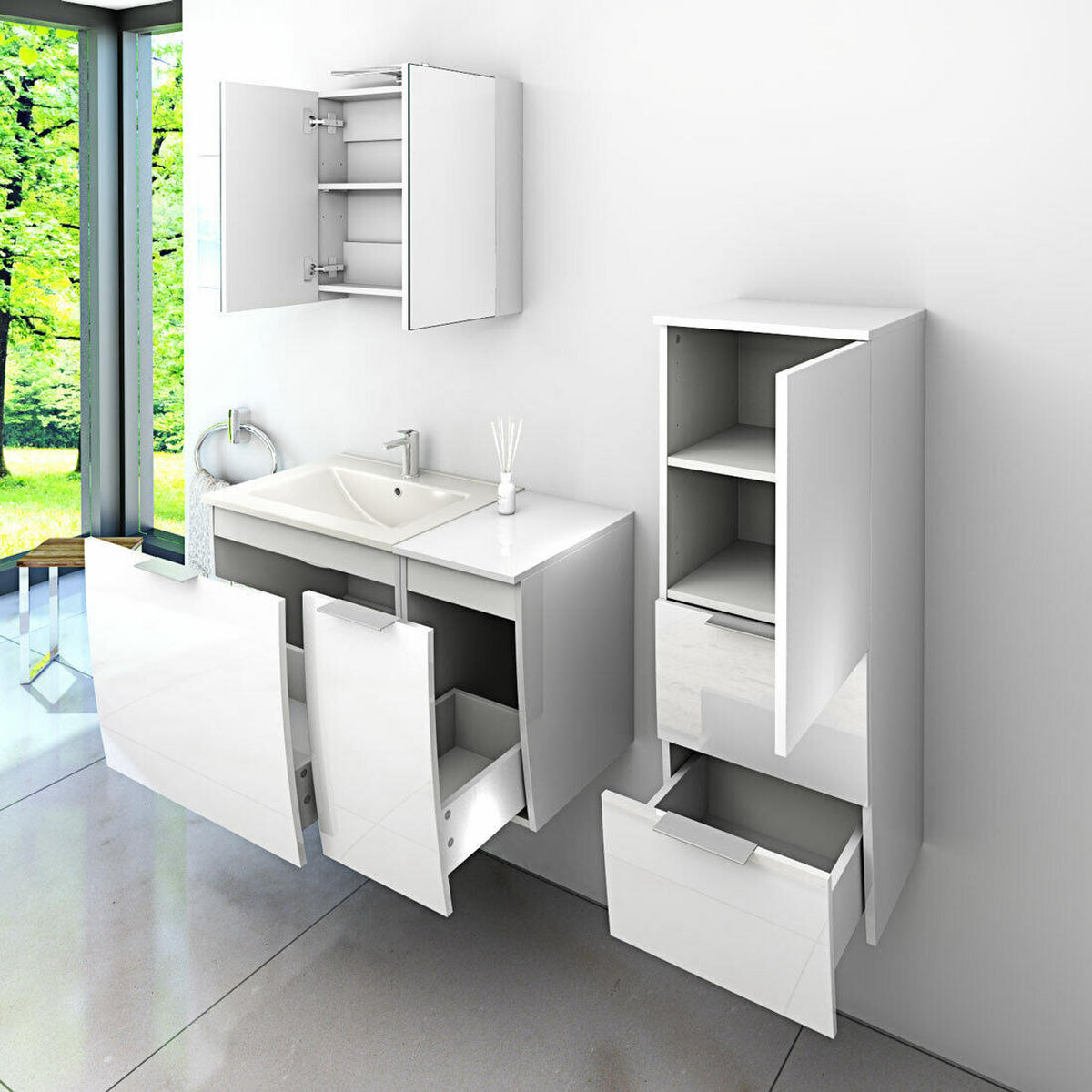 BADMÖBEL Set Gently 1 V2 R Weiß MDF Waschtisch 90cm mit 5W LED-Strahler / Energiebox - Weiß, Glas/Kunststoff (46/52/90cm) - AcquaVapore by Sandra Jentho