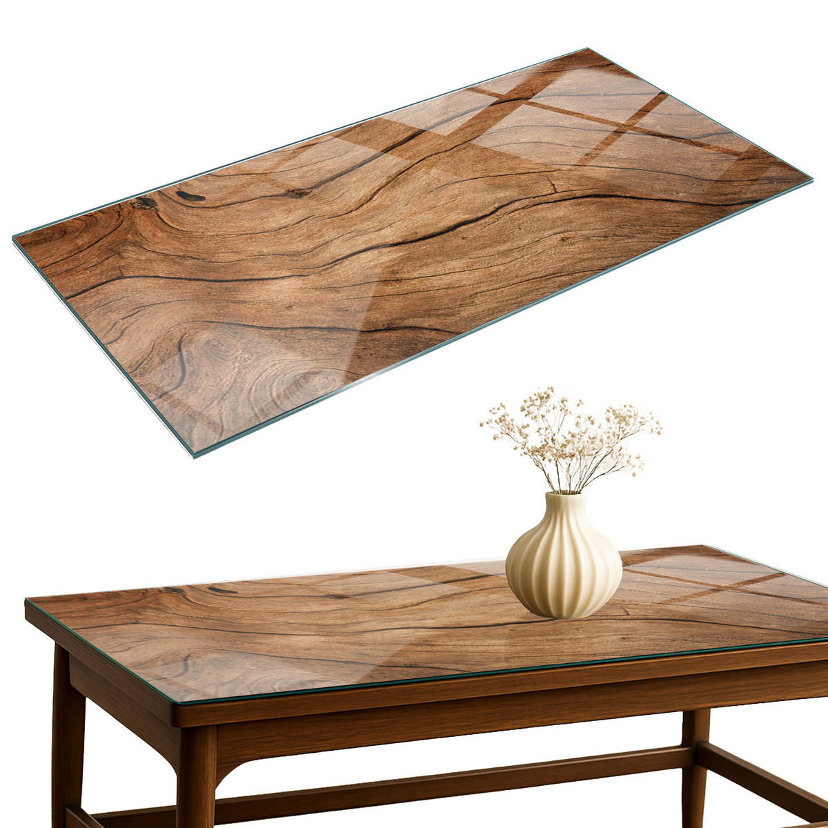 TISCHPLATTE 140x70 cm Natürliche Holzmaserung - Braun, Glas (0.4/140/70cm) - TULUP