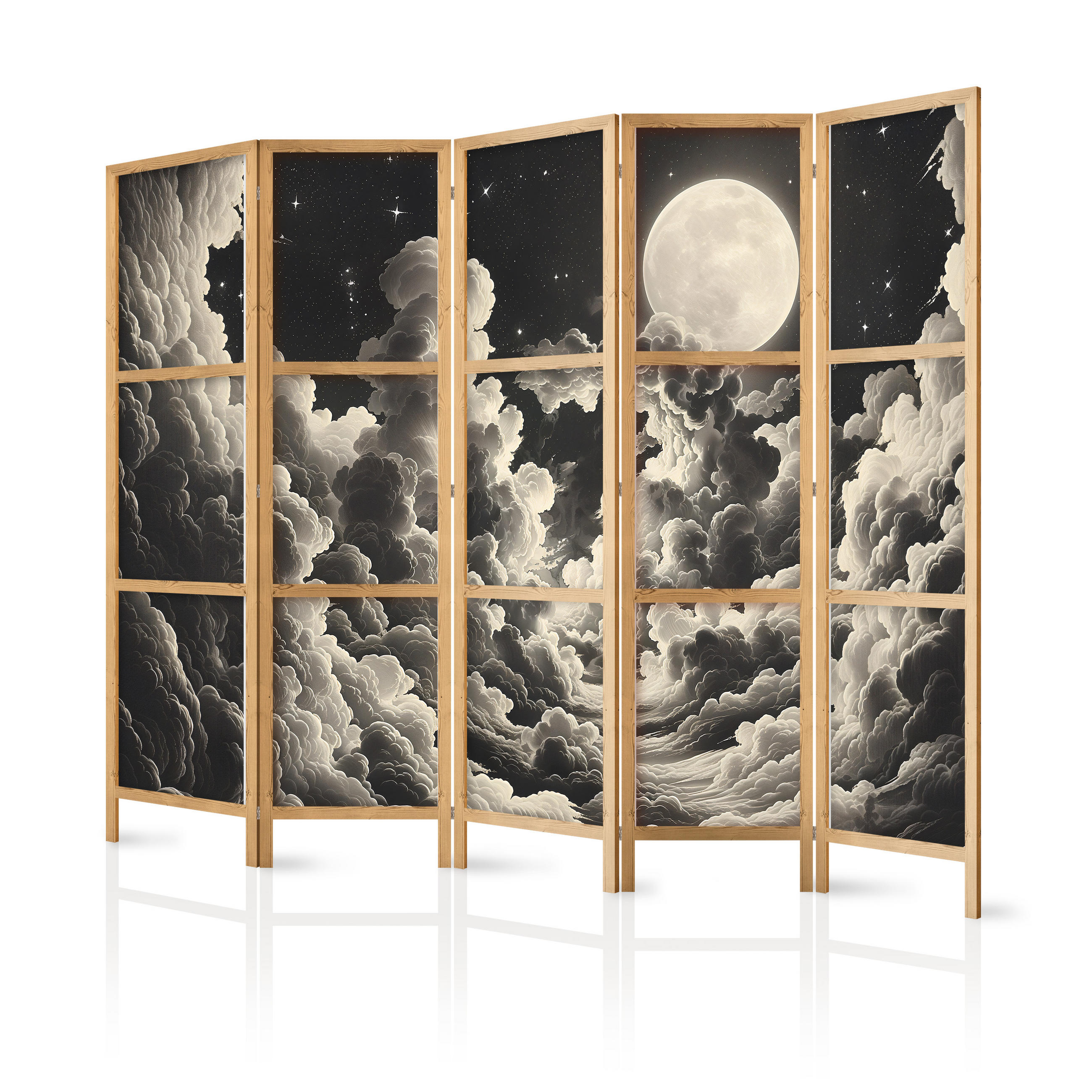PARAVENT Japanischer 5-tlg 225x172 cm Wolken Mond - Schwarz, Holz/Textil (225/172/3cm) - Muralo