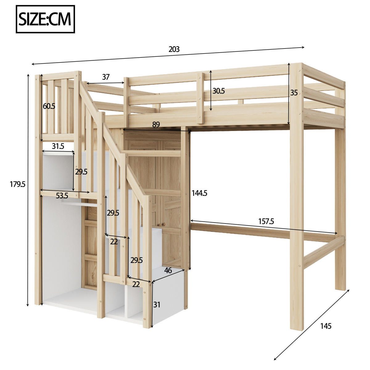 HOCHBETT 90/200 cm in Naturholz – mit Kleiderschrank, Stauraumtreppe und Rausfallschutz - Naturfarben, Holzwerkstoff (90/200cm) - BEAOK