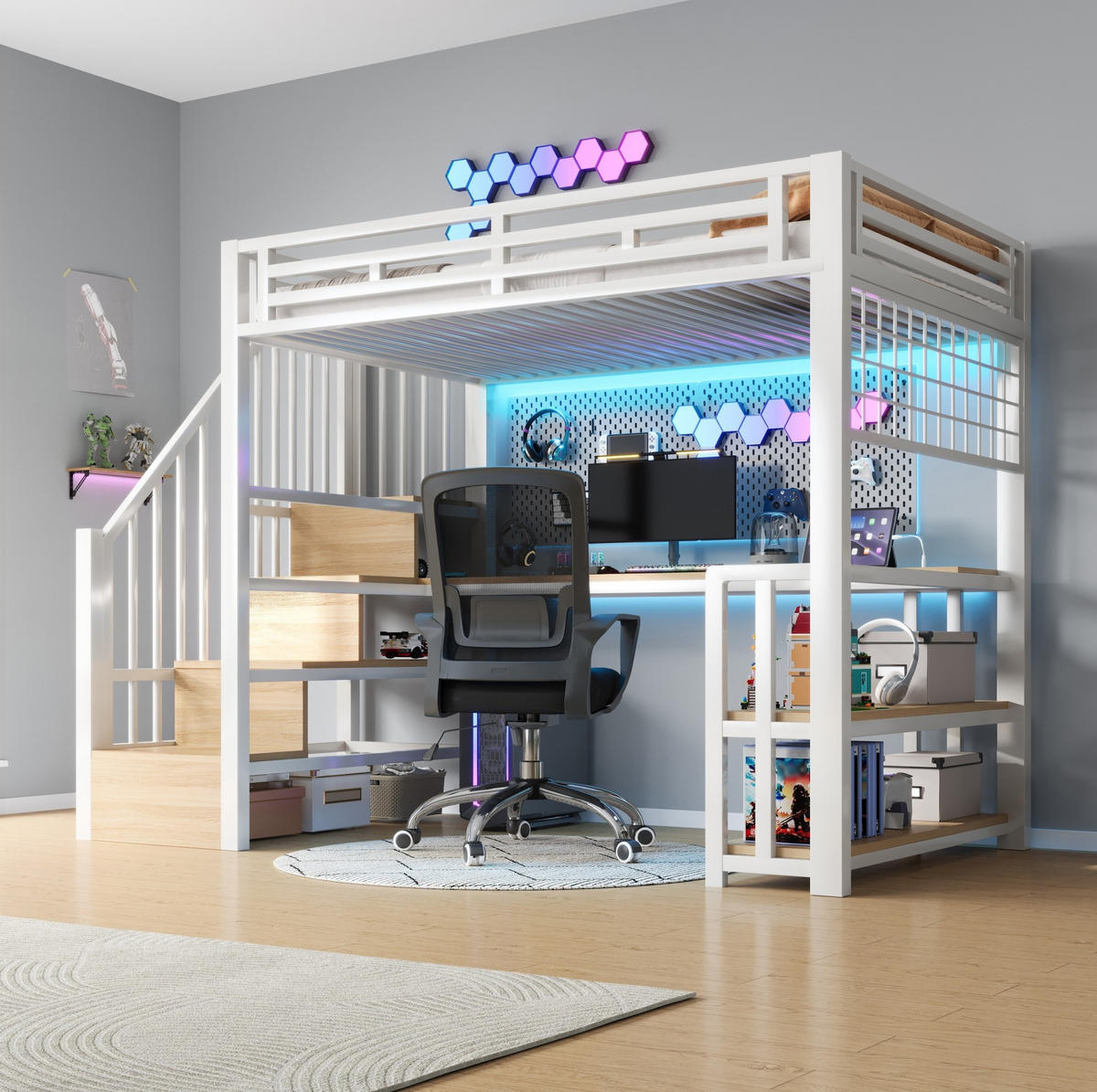 HOCHBETT aus Metall und MDF 90x200 cm Weiß mit Schreibtisch, Stauraumtreppe, Regal, Hängegitter und LED - Weiß, Metall (90/200cm) - Modfu