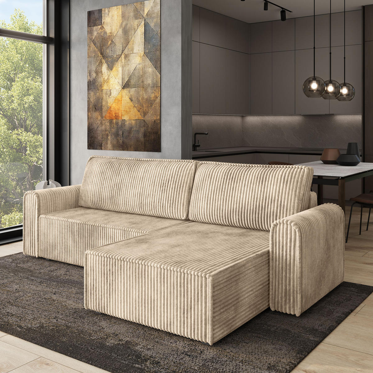 ECKSOFA VALTINO Creme Kordstoff mit Schlaffunktion - Creme, Holz (275/148cm) - MASSENO