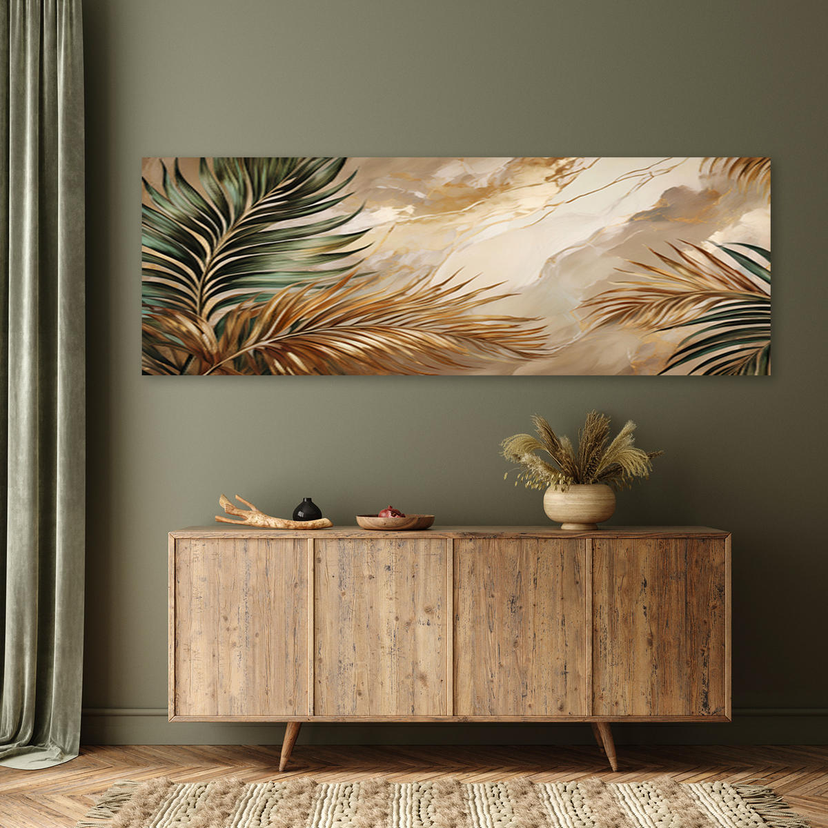 WANDBILD boho pflanzenblätter auf goldenem marmor - Goldfarben, Textil (90/30cm) - Feeby