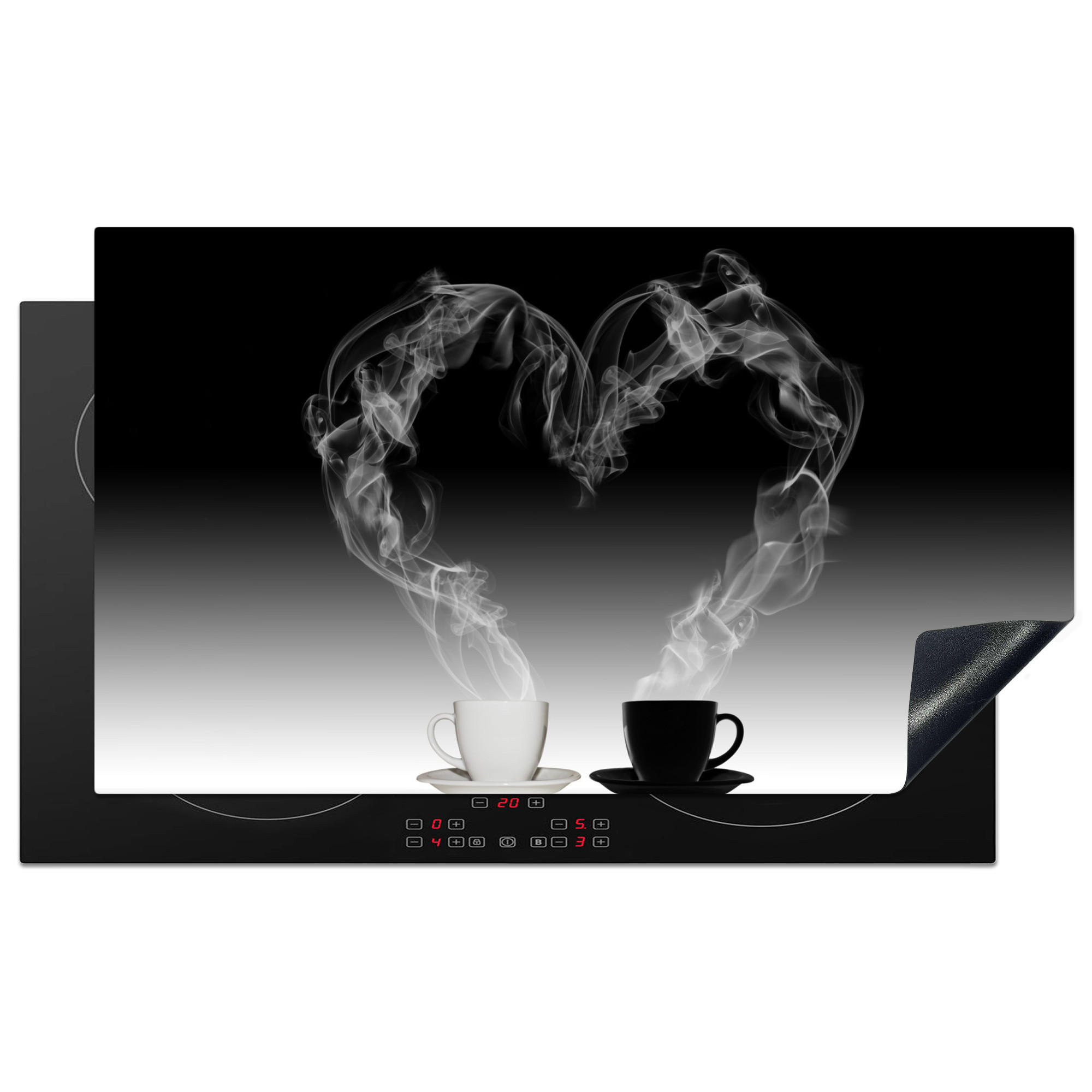 HERDABDECKPLATTE Kaffee - Herz - Schwarz und weiß - Tassen 89x51 cm - Weiß, Kunststoff (89.6/0.2/51.6cm) - MuchoWow
