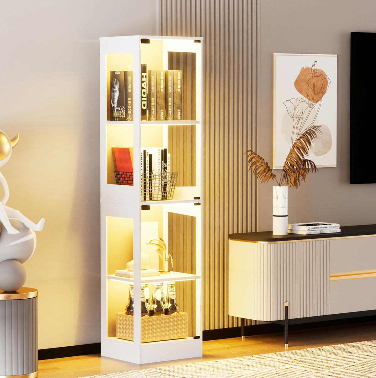 VITRINA 35/40/165 cm bijela od MDF ploče i stakla s LED rasvjetom i senzorom pokreta - bijela, drvni materijal (40/165/35cm) - OKWISH