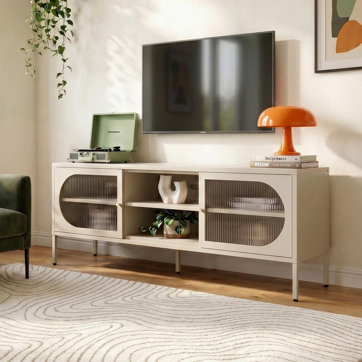 TV-LOWBOARD Industrielles aus beigem Metall, 160 cm, 2 Türen aus geriffeltem Glas - COME - Beige, Metall (160/60/40cm) - Sicaan