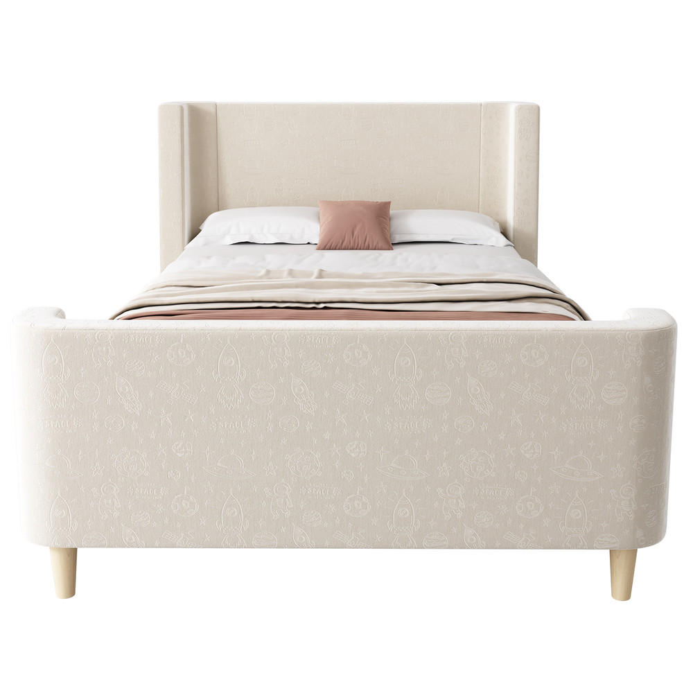 KINDERBETT 90x200cm Schlittenbett Kosmisches Muster Samt Beige - Beige, Holz - FLIEKS