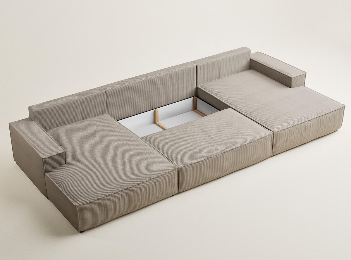 WOHNLANDSCHAFT Kyoto Beige Samtstoff - Beige/Schwarz, Holz/Holzwerkstoff (398/70/148cm) - Maison de Reve