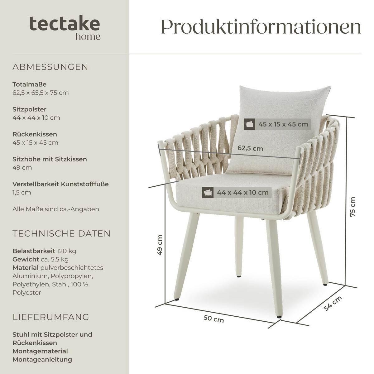ALUMINIUM STUHL Lugano, höhenverstellbare Kunststofffüße, 62,5 x 65,5 x 75 cm, beige - Beige, Kunststoff/Metall (62.5/75/65.5cm) - tectake