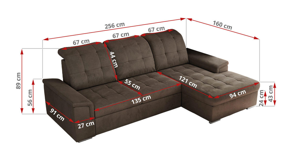 ECKSOFA MADRITO L - Braun Velorus - Links - Silberfarben/Braun, Textil/Metall (160/256cm)