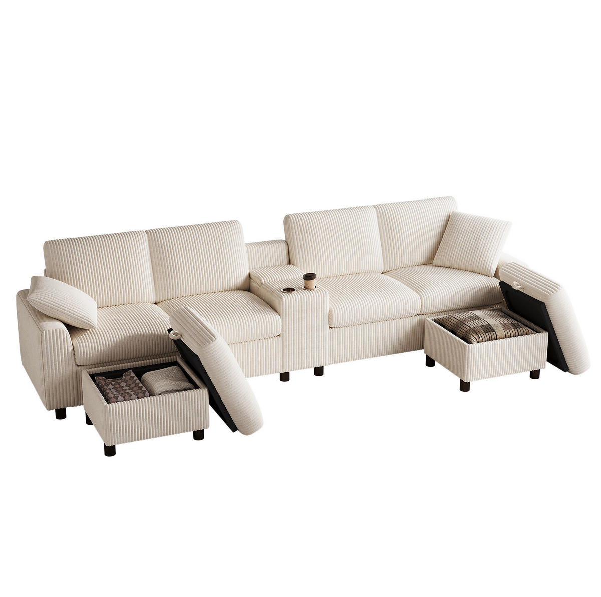 2-SITZER aus Corduroy 315x135x81 cm Beige mit Hockern, Stauraum, Tisch und Ladefunktion - Beige, Textil (135/81/315cm) - Modfu