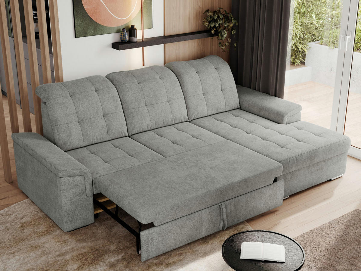 ECKSOFA MADRITO L - Hellgrau Struktur - Rechts - Silberfarben/Hellgrau, Textil/Metall (256/160cm)