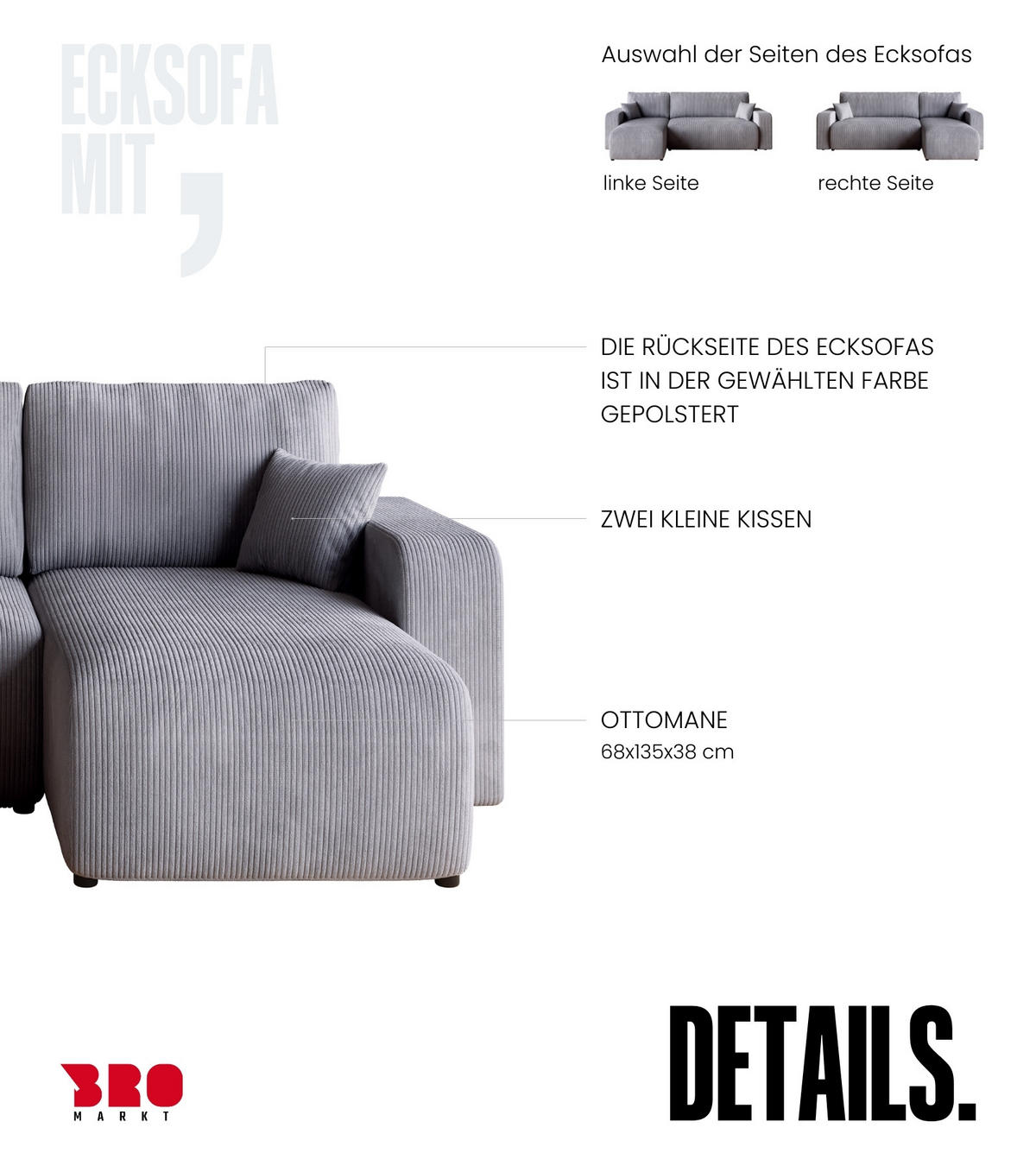 ECKSOFA PUMI mit Schlaffunktion Hellgrau Cord - Hellgrau, Textil (244/148cm) - Bromarkt