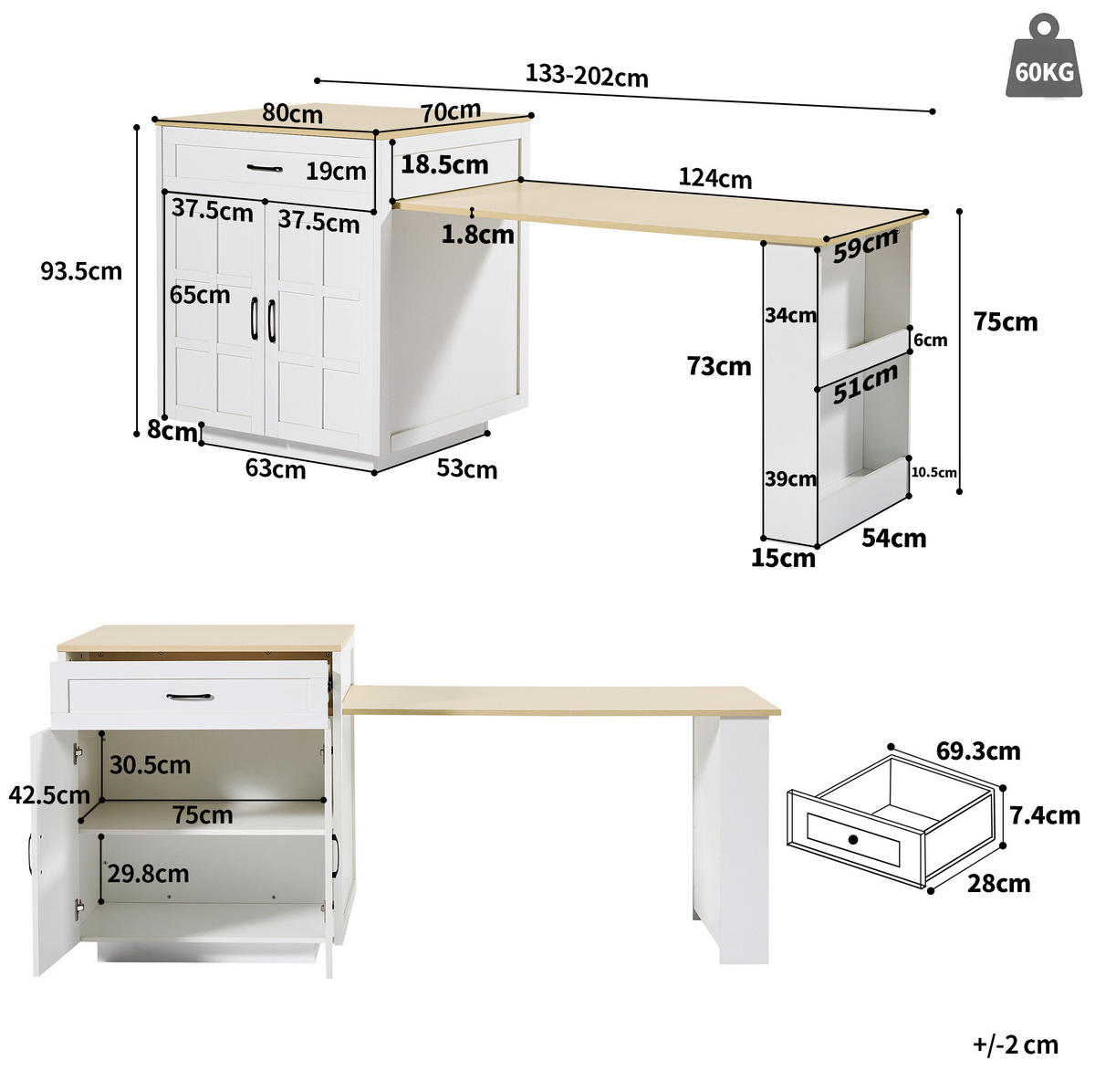AUSZIEHBARER Bartisch aus MDF mit Stauraum, 133-202/70/93,5 cm, Weiß - Weiß, Holzwerkstoff (70/93.5/133cm) - Redom