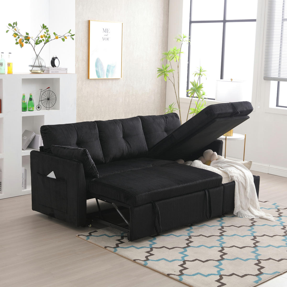 SCHLAFSOFA mit Stauraum, Ausziehbett und wechselbarer Chaiselongue - Schwarz, Textil (206/66/108cm)