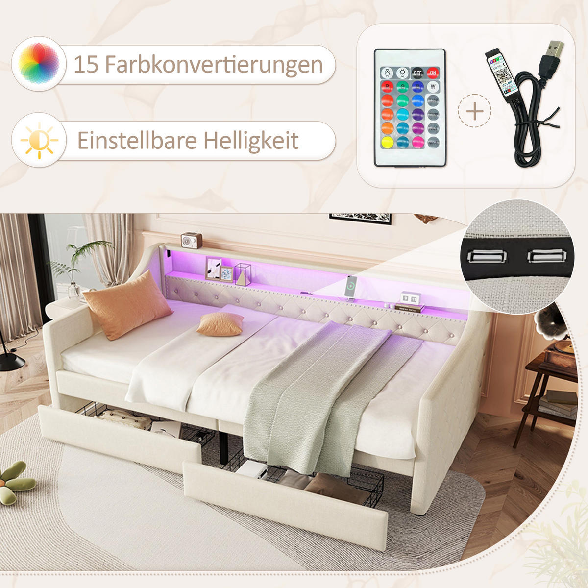 TAGEBETT 90x200cm Beige Leinen Ambientelicht 2 Schubladen USB - Beige, Holz (90/200cm) - FLIEKS