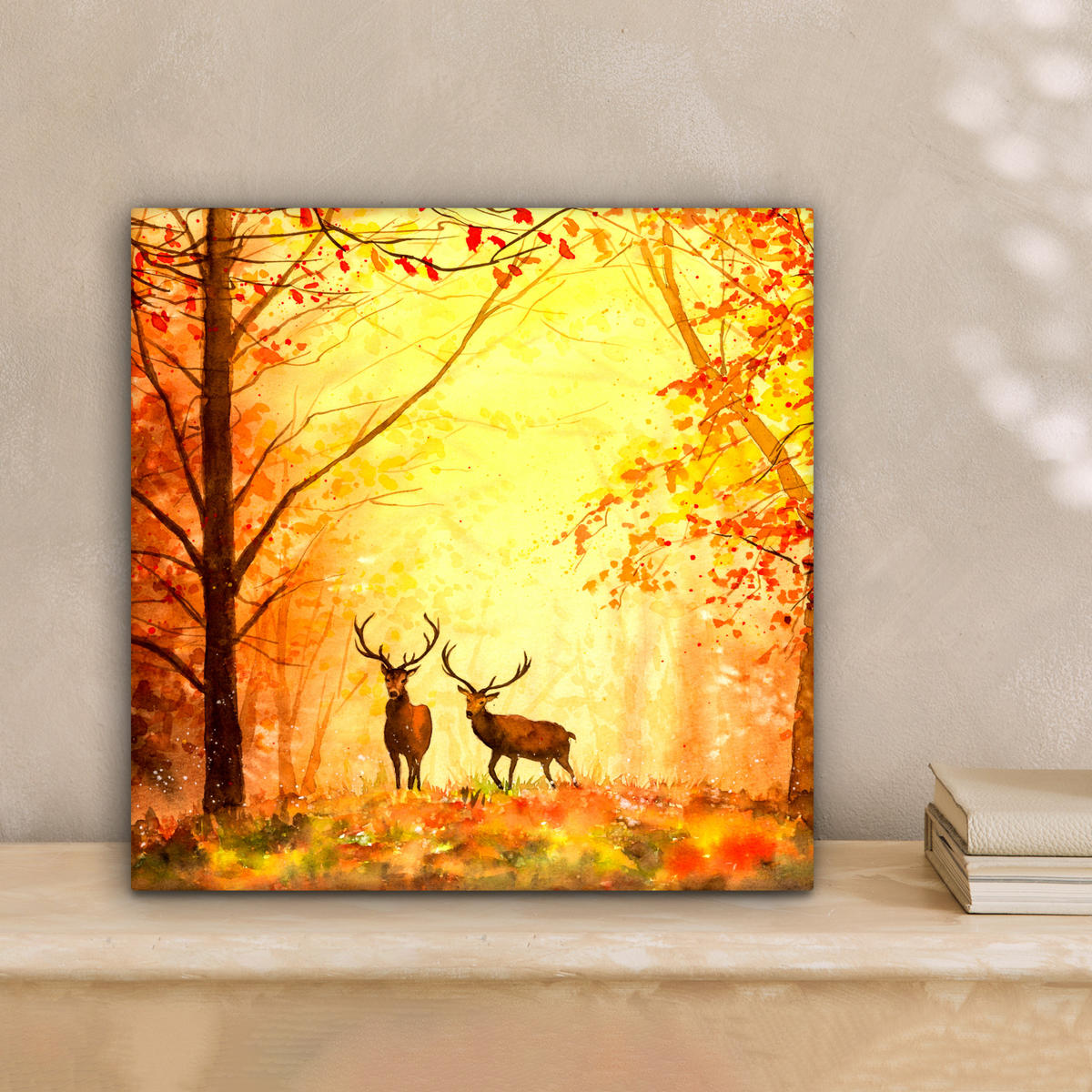 LEINWANDBILD Natur - Ölfarbe - Hirsche - Tiere - Herbst - Orange 20x20 cm - Orange, Textil (20/20cm) - MuchoWow