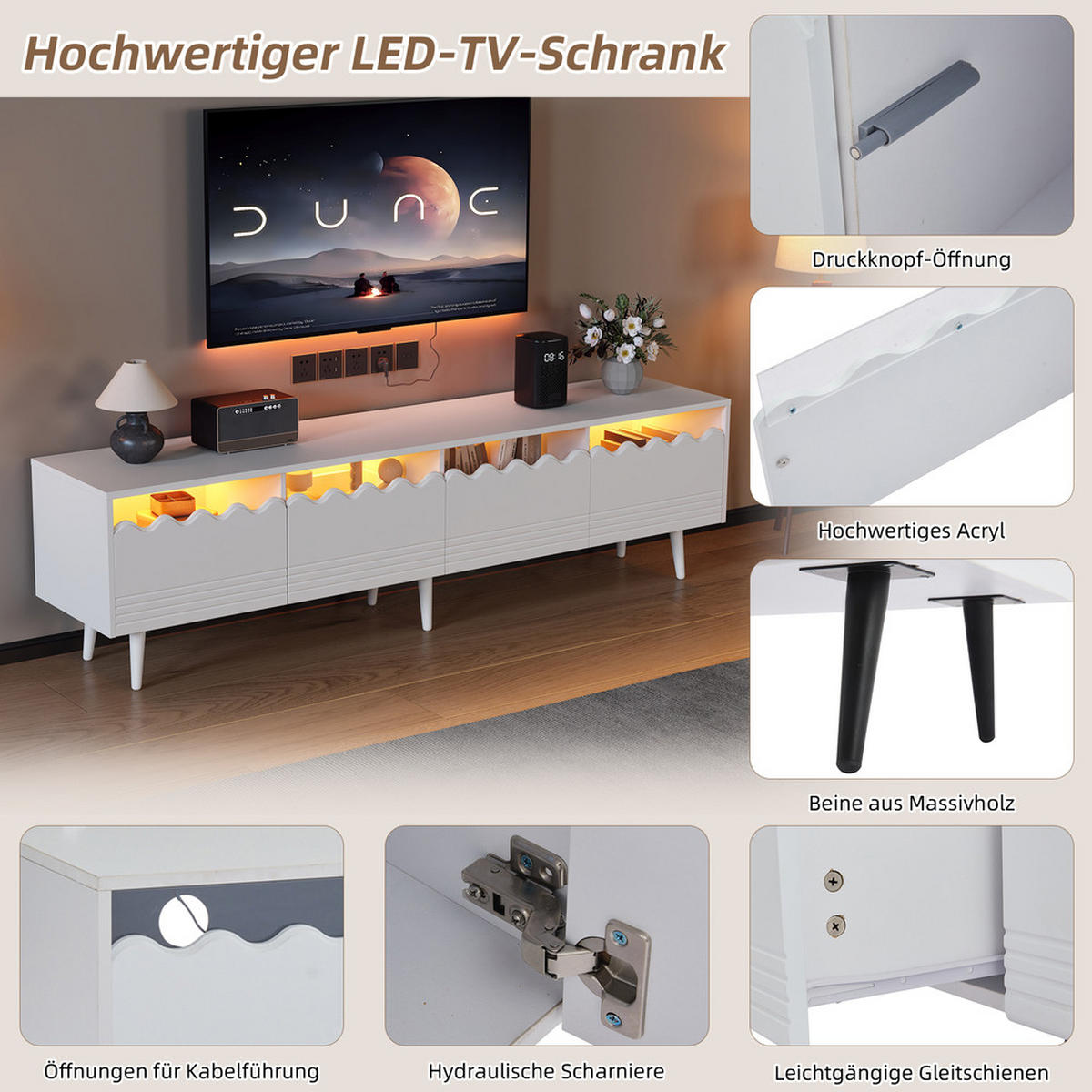 TV-SCHRANK 176 cm mit Schubladen und Schränken für TV bis 75 Zoll - Weiß, Holz (44.93/45/97.56cm) - FLIEKS