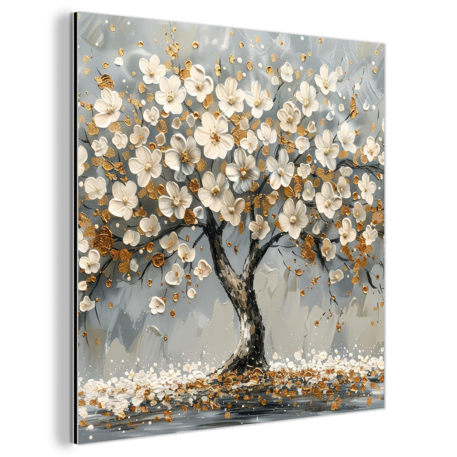 METALLBILD Baum - Blumen - Weiß - Natur - Kunst 20x20 cm - Weiß, Metall (20/20cm) - MuchoWow