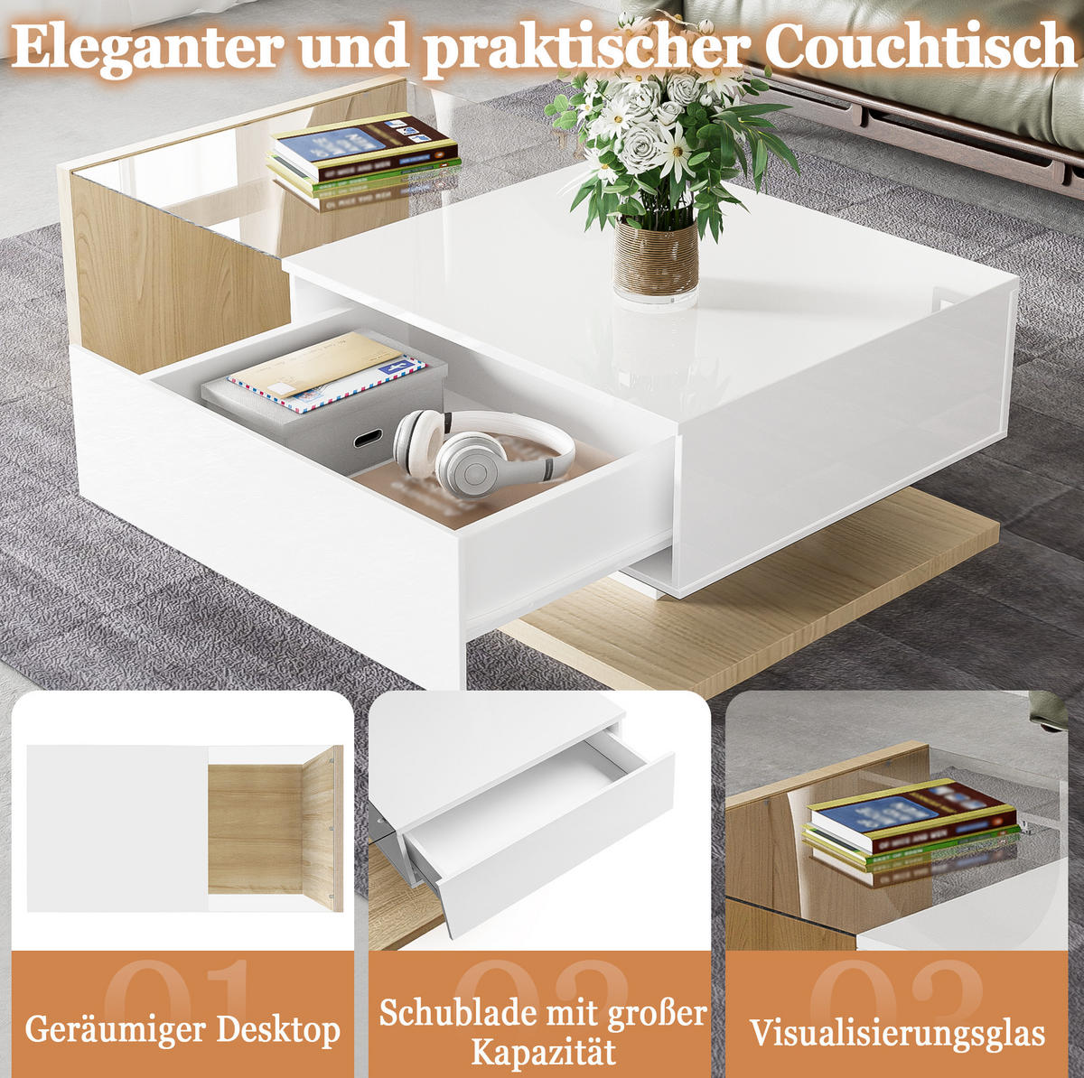 COUCHTISCH aus Spanplatte 105x55x32,5 cm Weiß in Holzoptik mit Glasplatte und LED-Beleuchtung - Naturfarben, Holzwerkstoff (105/55/32.5cm) - IVMEU