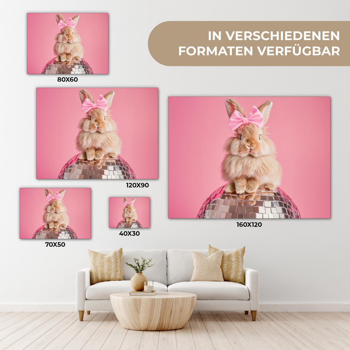 LEINWANDBILD Schleife - Discoball - Kaninchen Wandbilder 80x60 cm - Pink, Textil (80/60cm) - MuchoWow