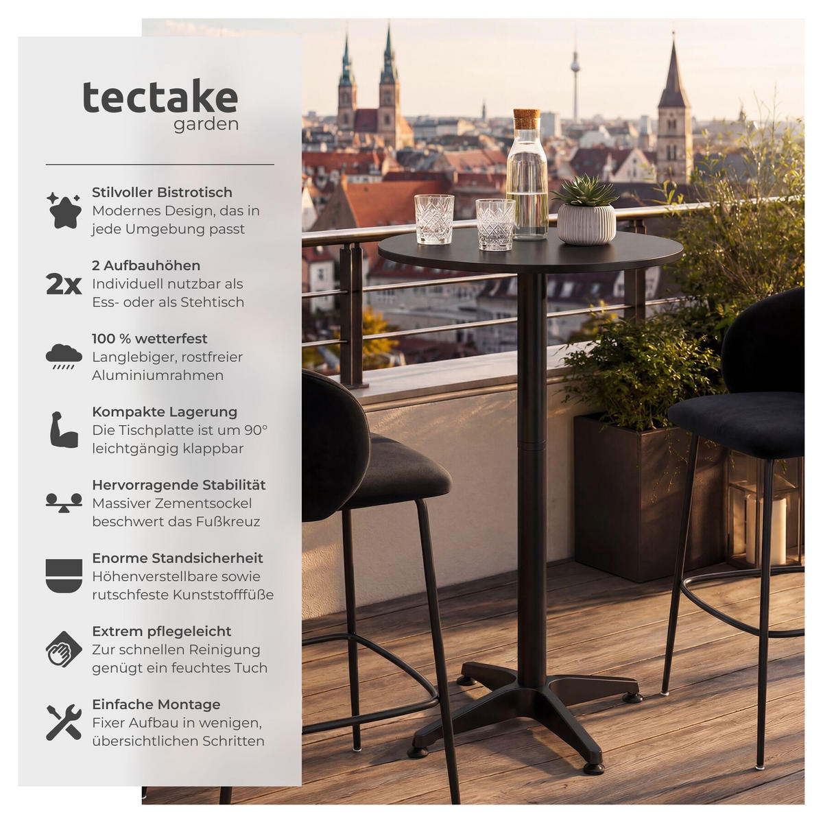 BISTROTISCH aus Aluminium Viktor, höhenverstellbare Kunststofffüße, schwarz - Schwarz, Holz (67/67/115cm) - tectake