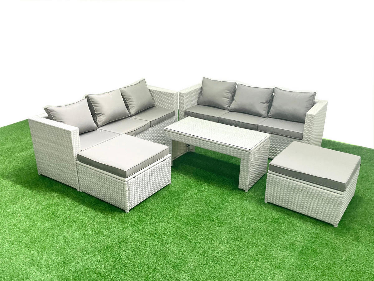 GARTENSOFA hohe Rückenlehne Polyrattan Hellgrau-Mix 8-Sitzer - Hellgrau/Grau, Glas/Kunststoff - Fimous