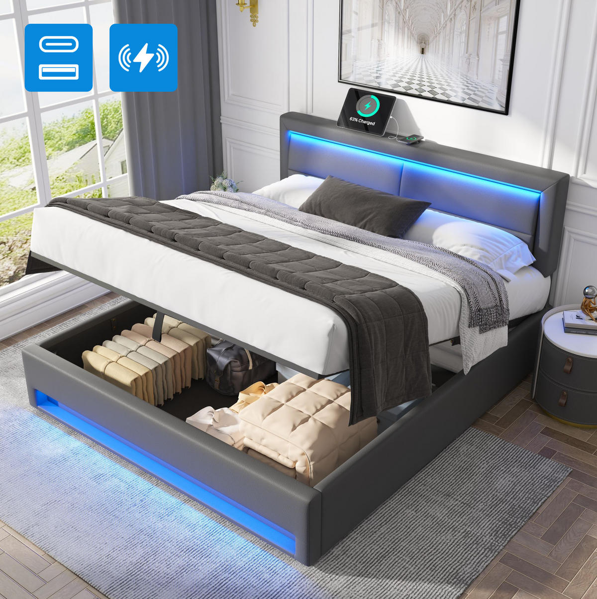POLSTERBETT mit Stauraum & LED 140x200 cm PU Grau - Grau, Metall (140/200cm) - Meubliv