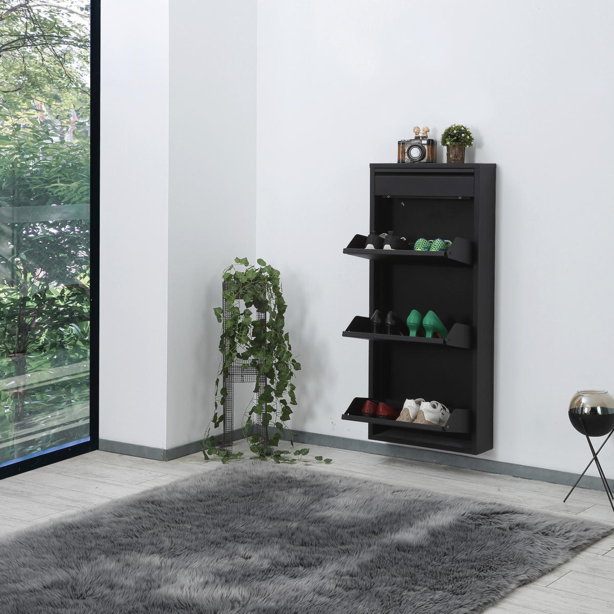 SCHUHSCHRANK schmal Metall mit Magnet 3 Plus Klappen Schwarz - Schwarz, Metall (50/114/15cm) - Gowoll