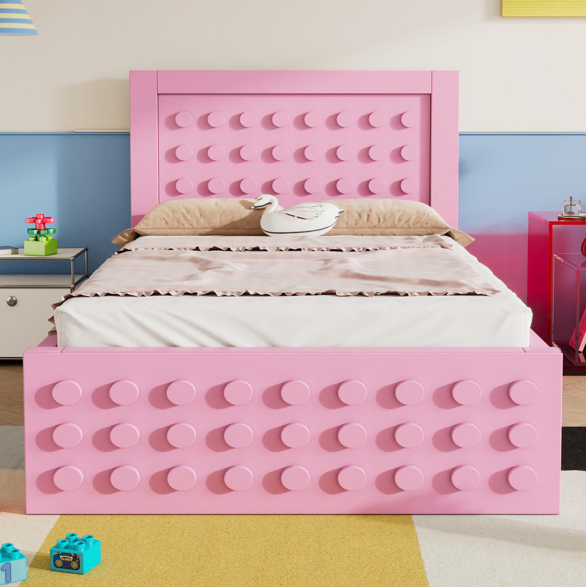 DĚTSKÁ postel 90/200 cm s kreativním blokovým designem, úložnou zásuvkou a prostorem pod postelí, Růžová - růžová, dřevo (90/200cm) - Redom