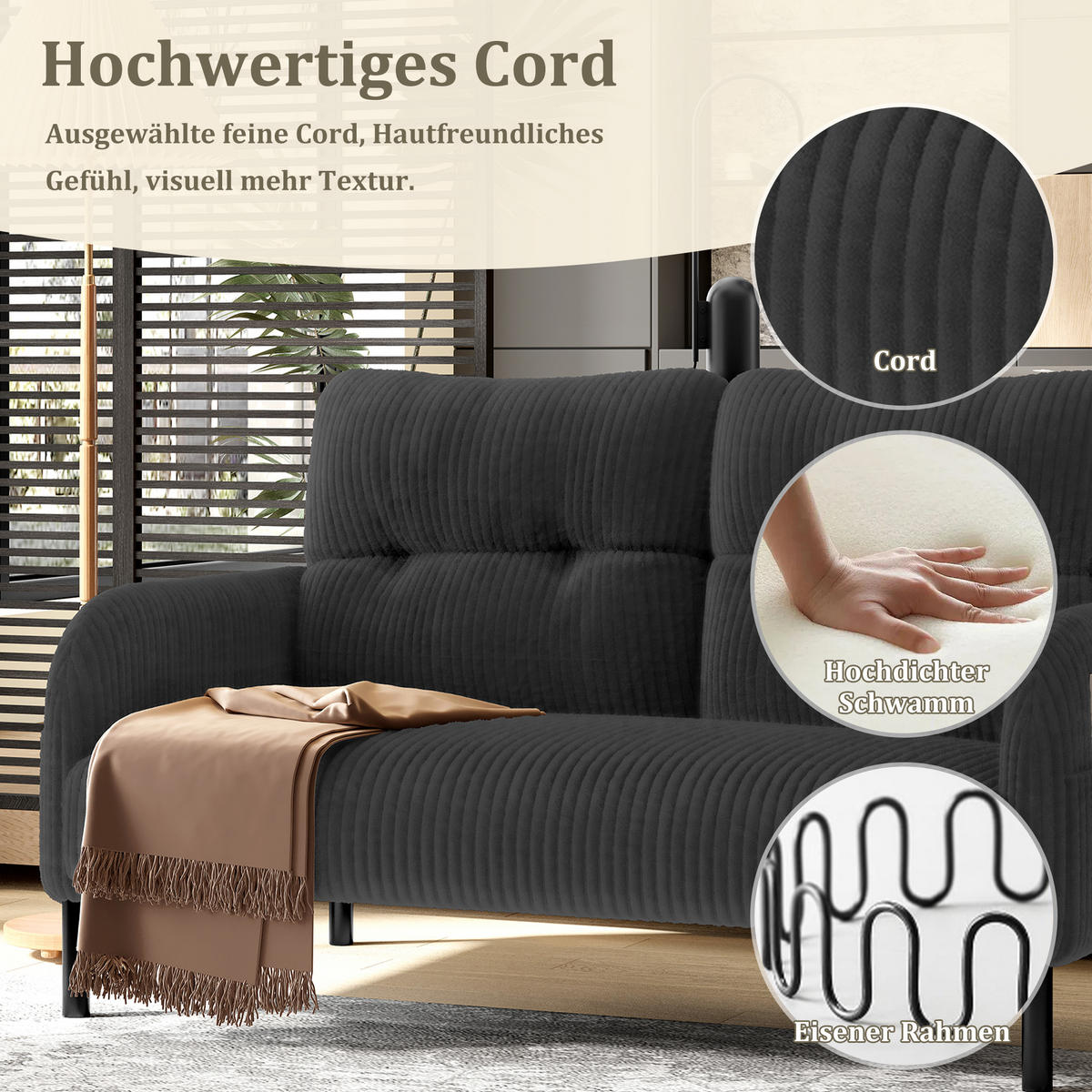 2-SITZER SOFA Cord Grau mit Seitentasche - Grau, Textil/Metall (120/79/75cm) - WISHDOR