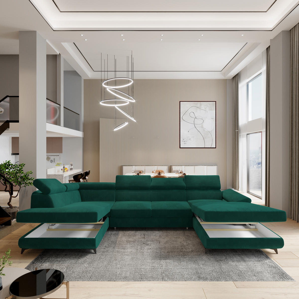 WOHNLANDSCHAFT RUBANO L-S Grün Velours-Stoff mit Schlaffunktion - Grün, Holz (339/89/190cm) - MASSENO