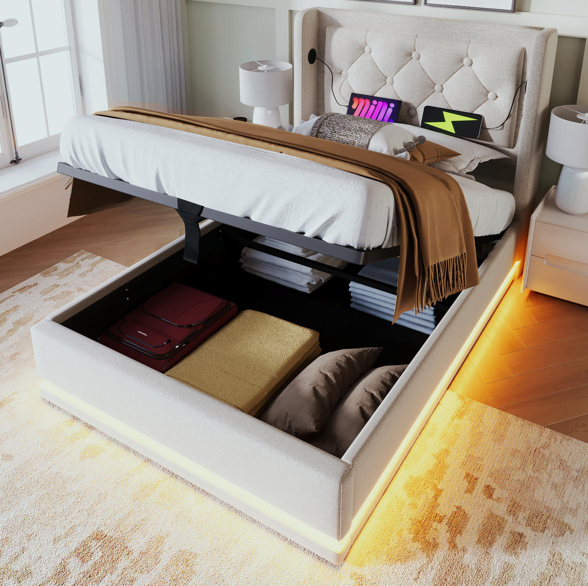 POLSTERBETT 90/200 cm Beige Baumwolle mit Stauraum und USB-Ladefunktion mit Matratze - Beige, Textil (90/200cm) - OKWISH