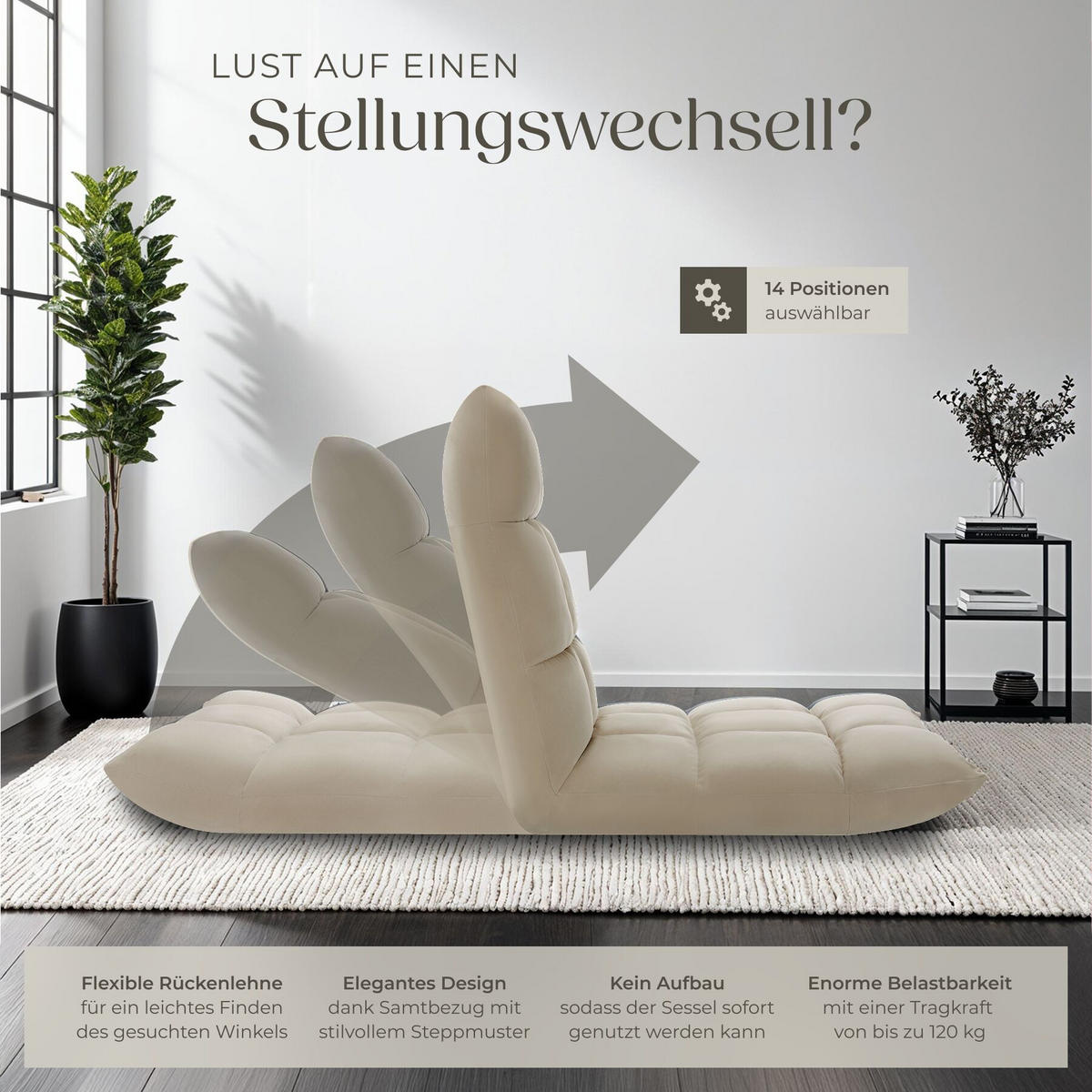 RELAXSESSEL Snooze ,108 x 57 x 13,5 cm,beige - Beige, Textil (57/13.5/108cm) - tectake