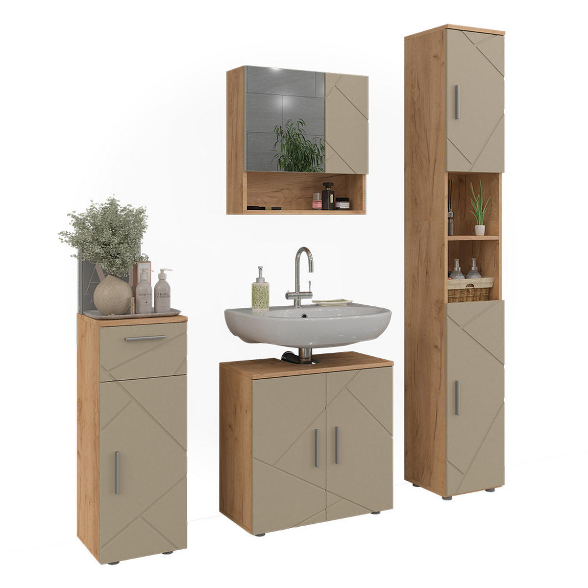 BADMÖBEL-SET Irma Beige 4 Teile - Honigeiche/Beige, Holzwerkstoff (60/59/30cm) - Vicco