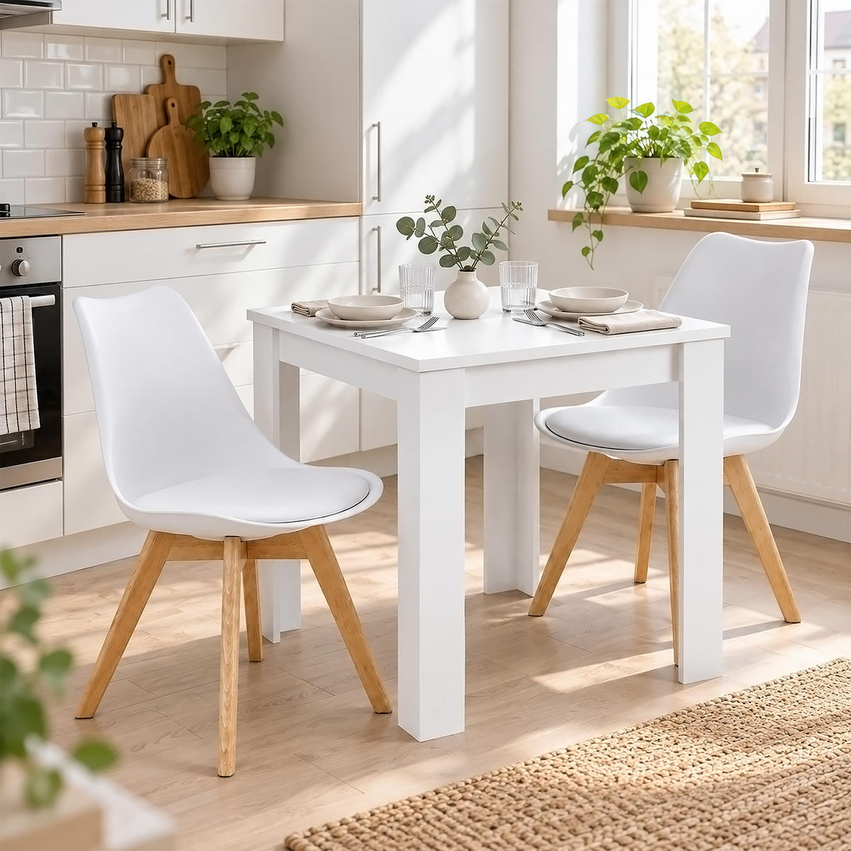 TISCHGRUPPE 80/80 cm Weiß mit 2 Stühlen - Weiß/Naturfarben, Holz/Kunststoff (80/80/80cm) - Homestyle4u