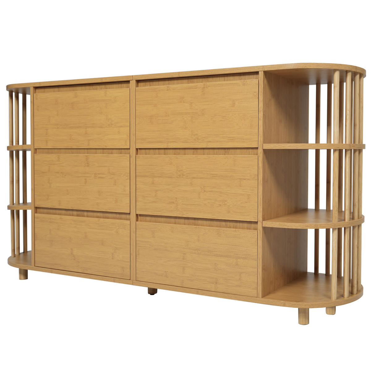 SIDEBOARD aus MDF und Bambus 160x40x75 cm Eiche mit 6 Schubladen, offenen Regalen und höhenverstellbaren Füßen - Naturfarben, Holzwerkstoff (160/75/40cm) - Modfu