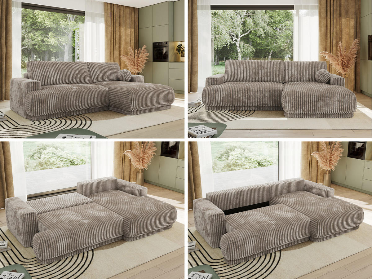 ECKSCHLAFSOFA RINA L Hellbraun Cord - rechts - Hellbraun/Schwarz, Kunststoff/Textil (170/267cm) - MKS